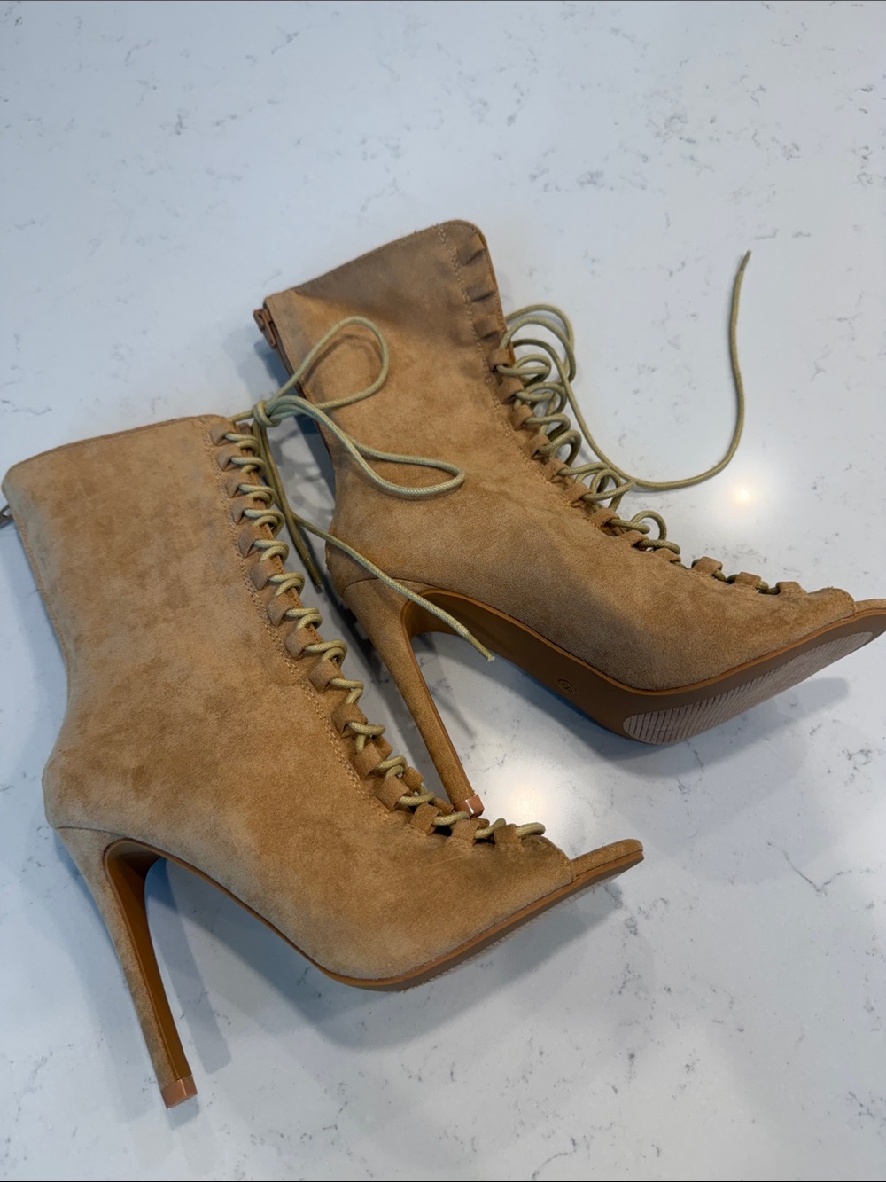 Forever 21 Tan Suede Lace-Up Peep-Toe High Heel Boots